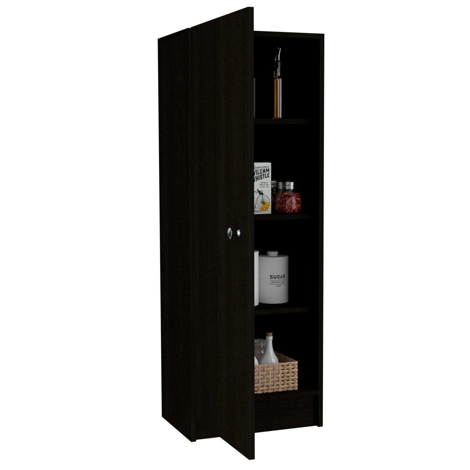 TUHOME Belleria Pantry， Handle， One-Door Cabinet， Four Internal Shelves， Black， For Kitchen Room