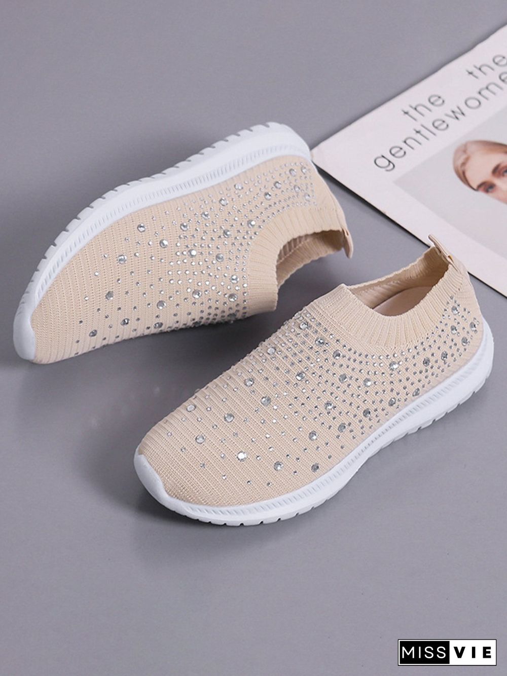 Rhinestone Design Portable Overfoot Lightweight Flyknit Sneakers