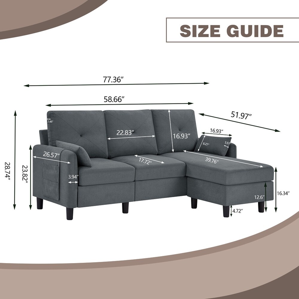 77.36 Inches Modern Sectional Sofa with Reversible Ottoman and Side Storage Pocket