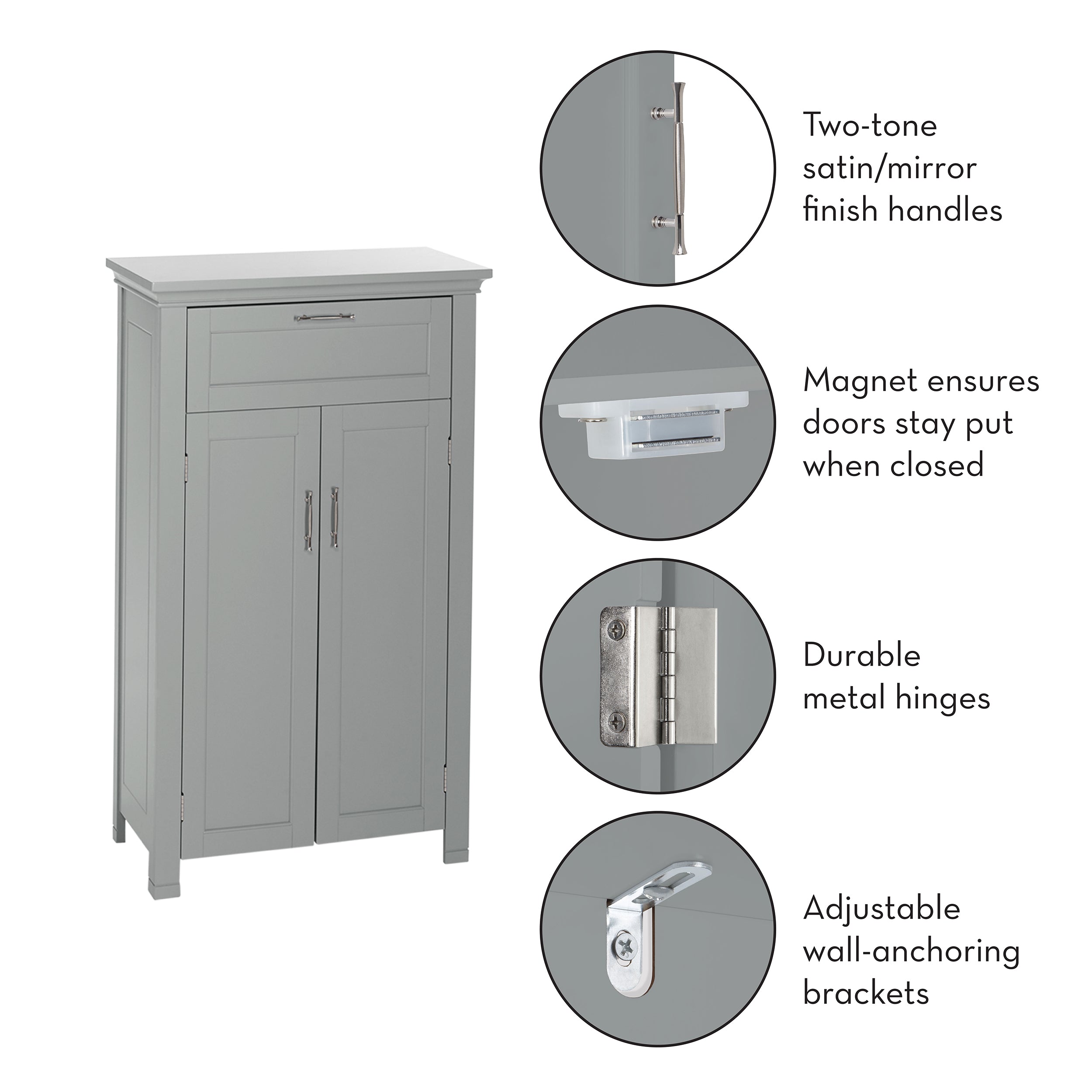 RiverRidge Home Somerset Two Door Floor Storage Cabinet with Drawer, Gray