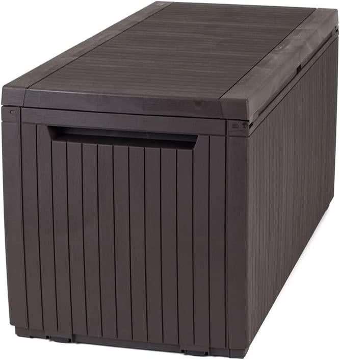 Keter Springwood 80 Gallon Resin Outdoor Storage Box for Patio Furniture Cushions, Pool Toys, and Garden Tools with Handles