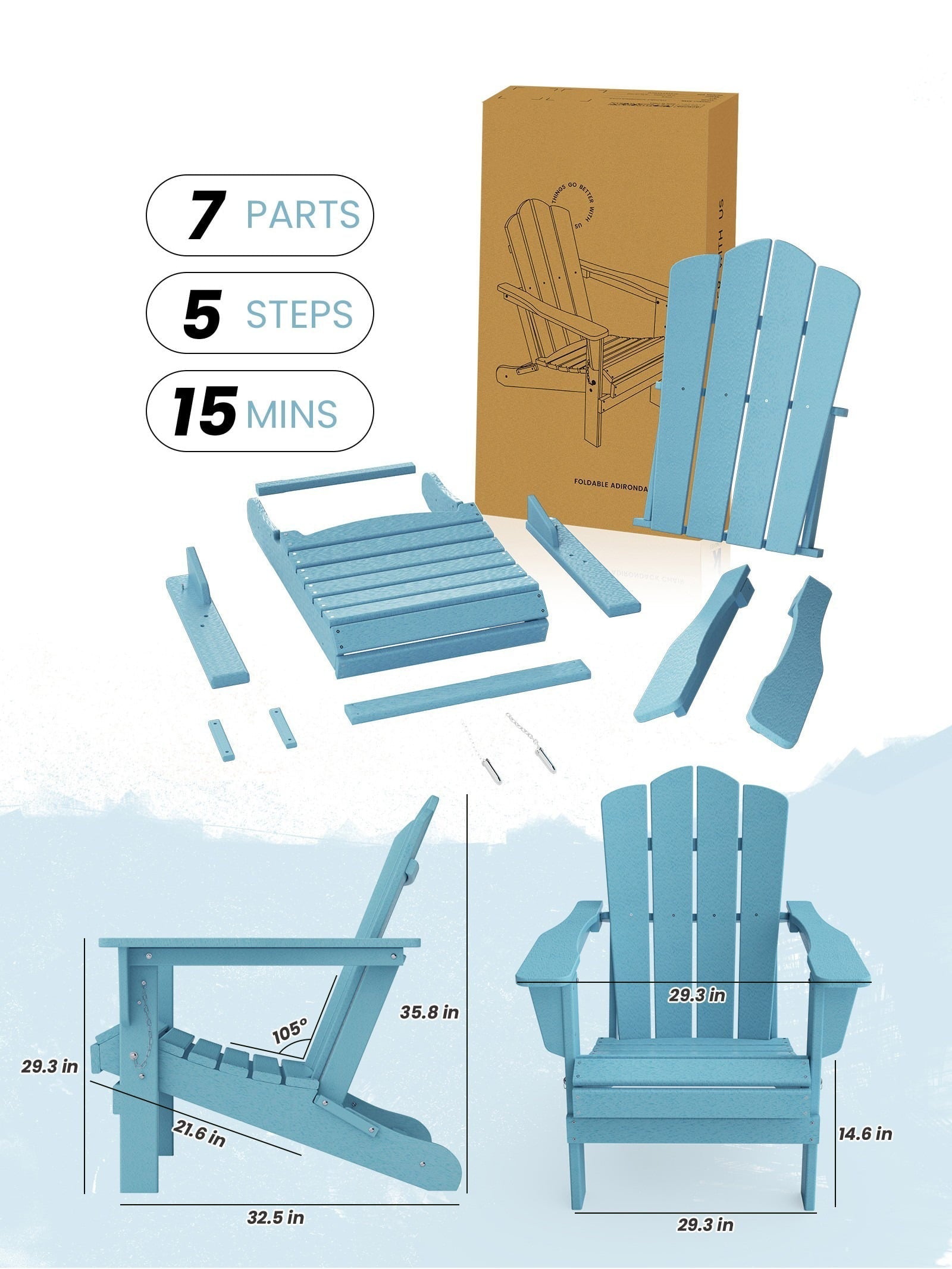 Folding Outdoor Patio Adirondack Chair for Garden, 