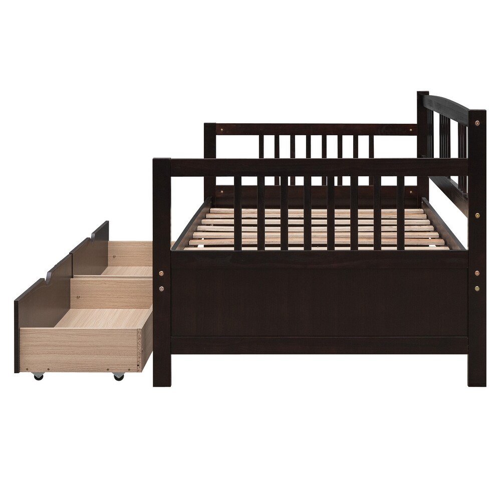 Twin Size Wood Daybed with 2 Storage Drawers and 3 Side Guardrail  Wood Kid's Bed with Wood Slats for Bedroom