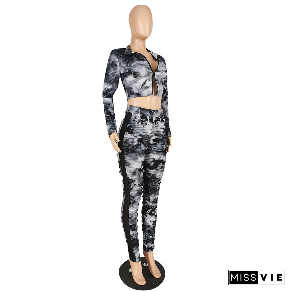 Tie Dye Zip Crop Top Pleated Stacked Pants Set