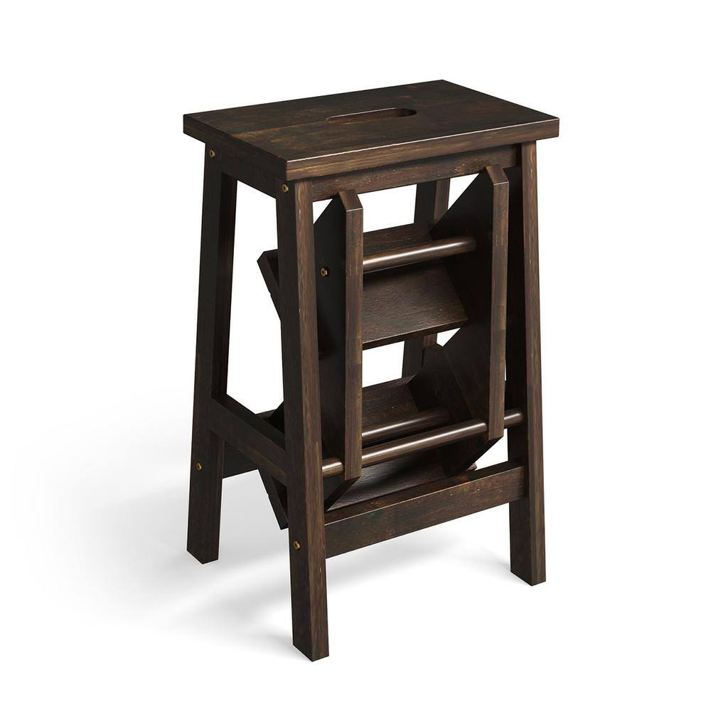 WELLFOR 3-Step Rubber Wood Step Stool 200 lbs. with Convenient Handle in Coffee JV-HGY-10097BN