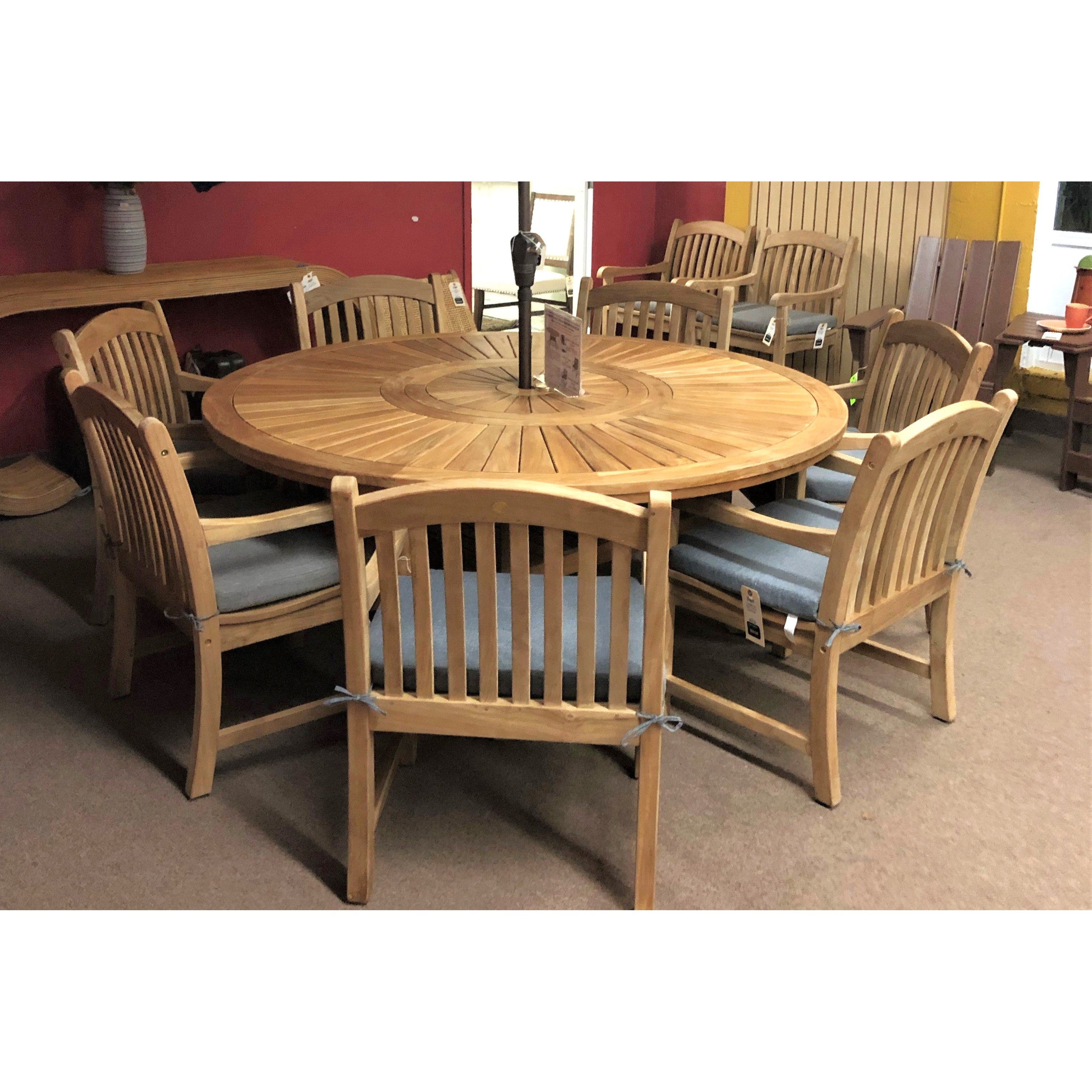 Komodo Teak 7pc Outdoor Dining Set (Teak 70 Round Table w Built-in Lazy Susan with 6 Teak Tista Armchairs +FREE Cushions)