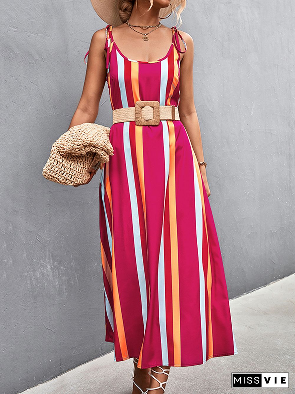 Loose Sleeveless Contrast Color Striped Tied U-Neck Midi Dresses Slip Dress