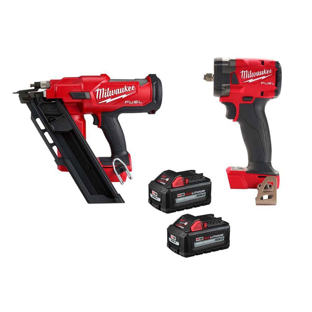 MW M18 FUEL 3-12 in. 18-Volt 30-Degree Lithium-Ion Brushless Cordless Nailer w38 in. Impact wTwo 6Ah HO Batteries 2745-20-2854-20-48-11-1862