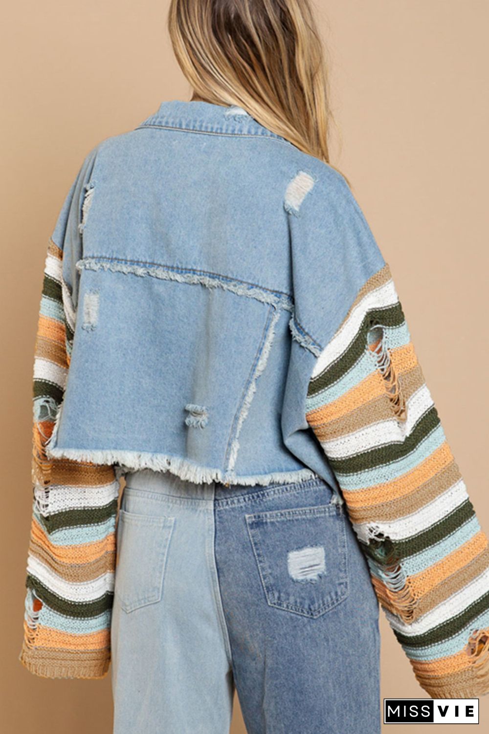 Rainbow Knitting Sleeve Patchwork Ripped Denim Jacket