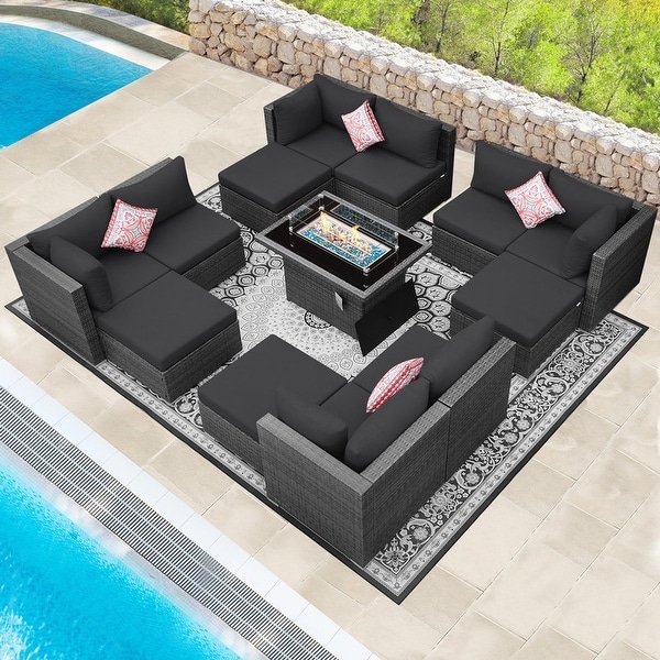 Nicesoul Outdoor Grey Wicker Sectional Furniture Patio Sofa Set with Firepit Table