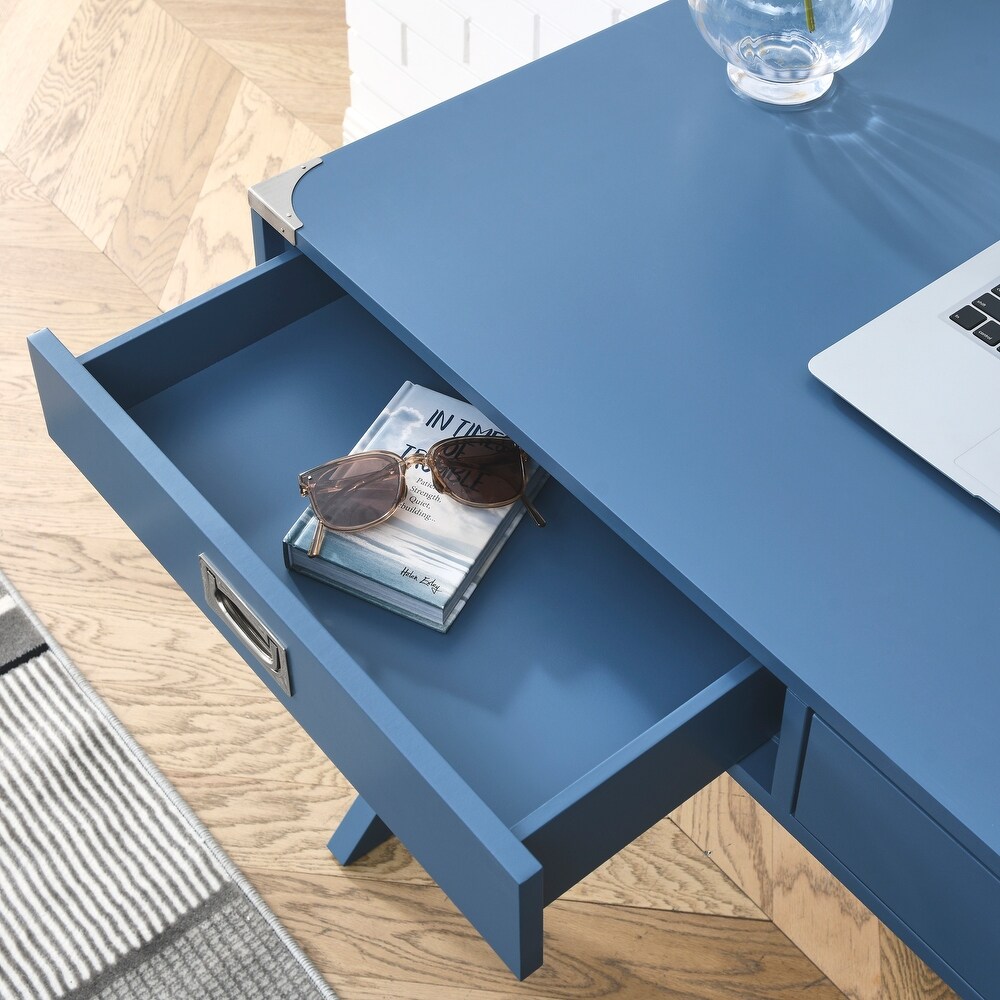 Computer Desk with Storage  Solid Wood Desk with Drawers  Modern Study Table for Home Office Small Writing  Blue