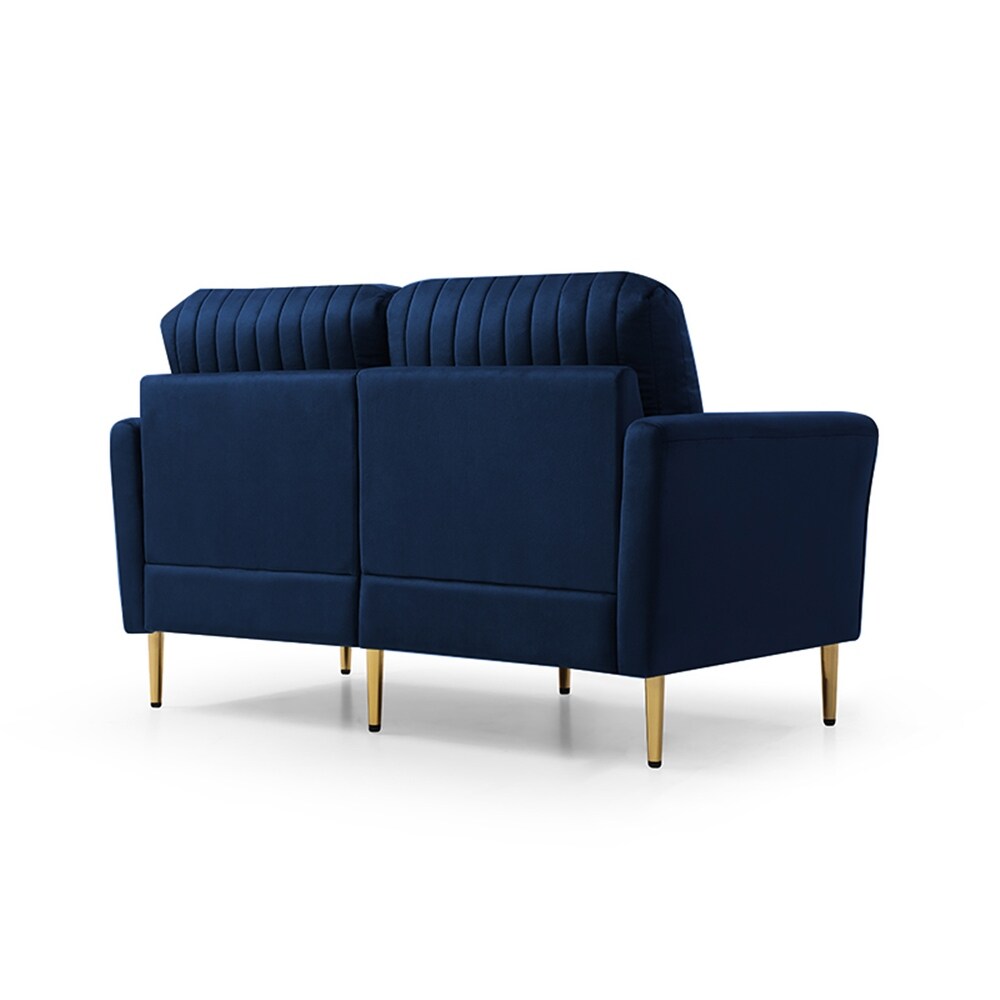 Blue Velvet Upholstered Loveseat Sofa Channel Tufting Lounge Loveseat with Reversible Back and 2 Pillows  Living Room Couch