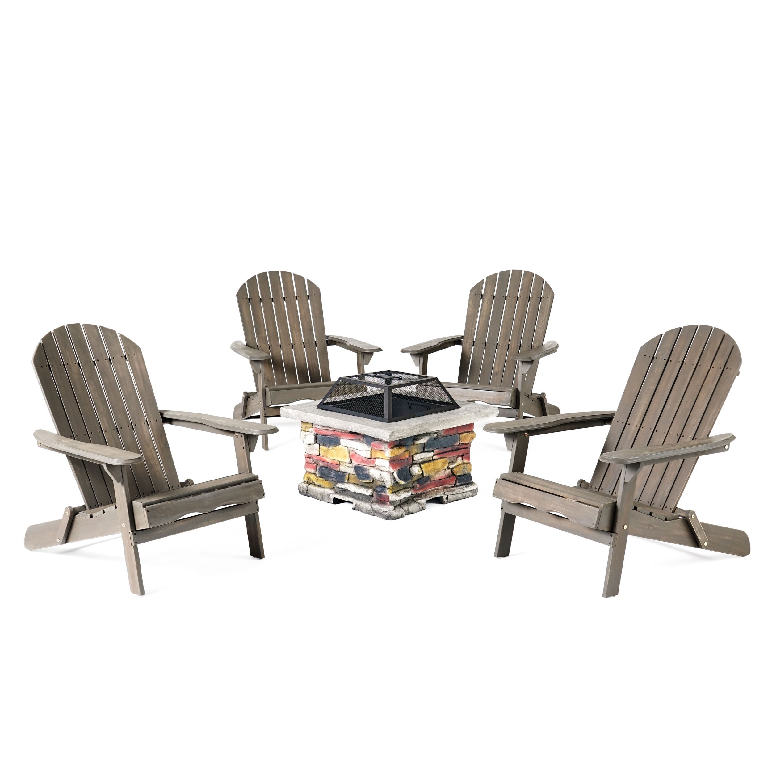 Benson Outdoor 5 Piece Acacia Wood/ Light Weight Concrete Adirondack Chair Set with Fire Pit