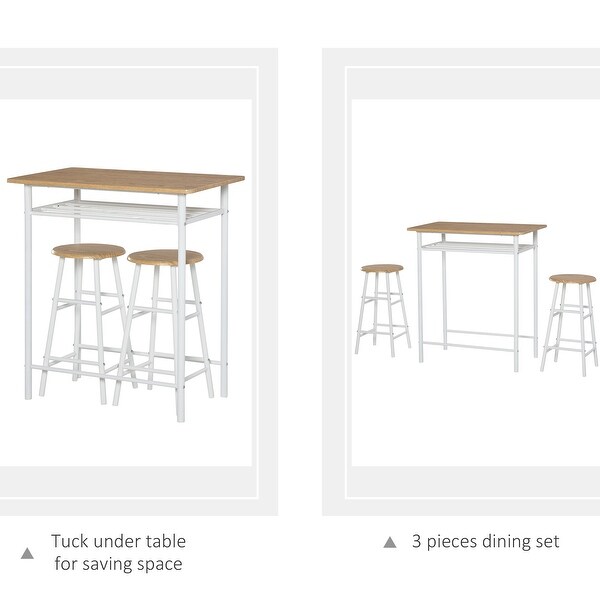 HOMCOM 3 Piece Bar Height Dining Furniture Set with 1 Table， 2 Matching Stools and Metal Frame Footrest