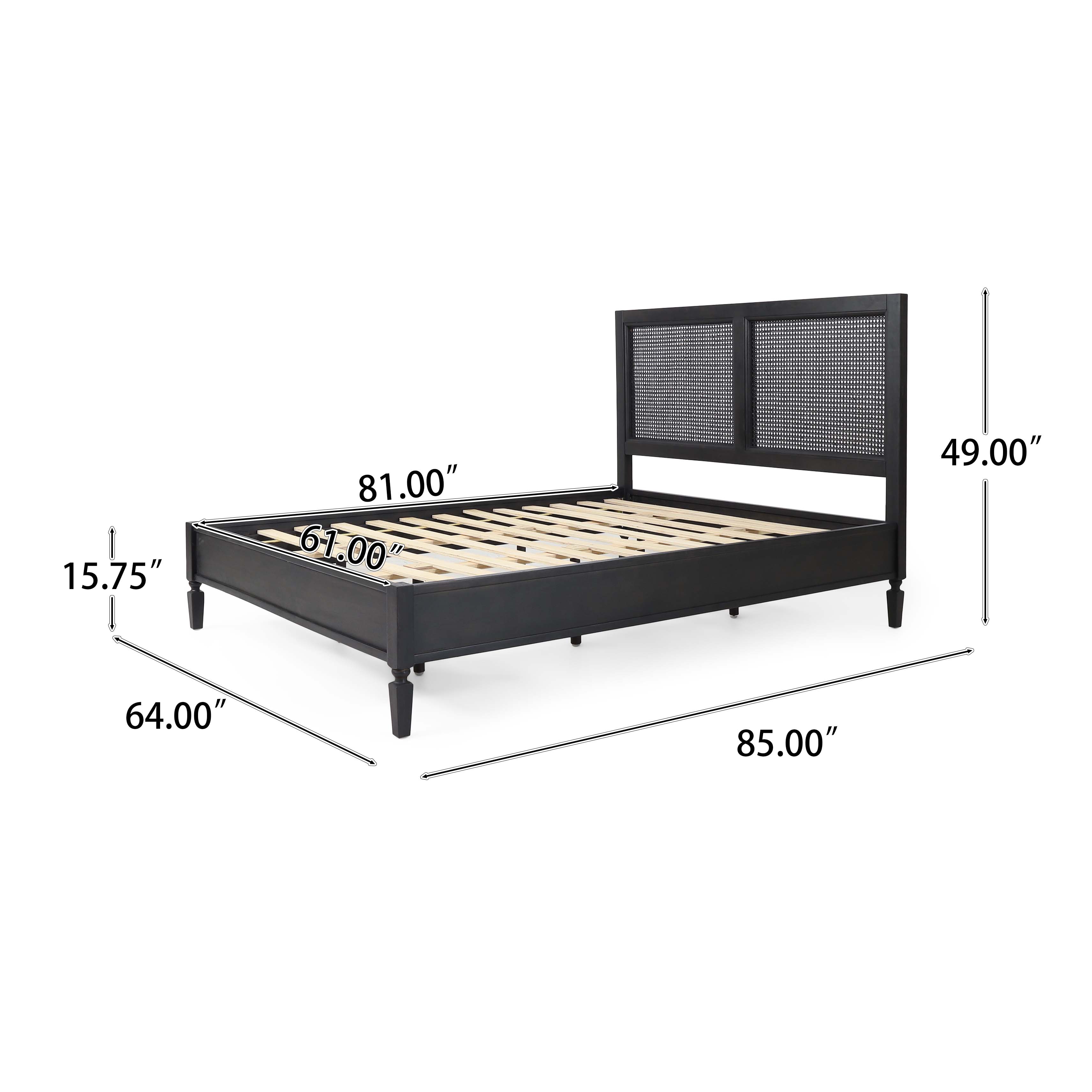 Mathena Rustic Acacia Wood and Rattan Queen Bed, Dark Gray