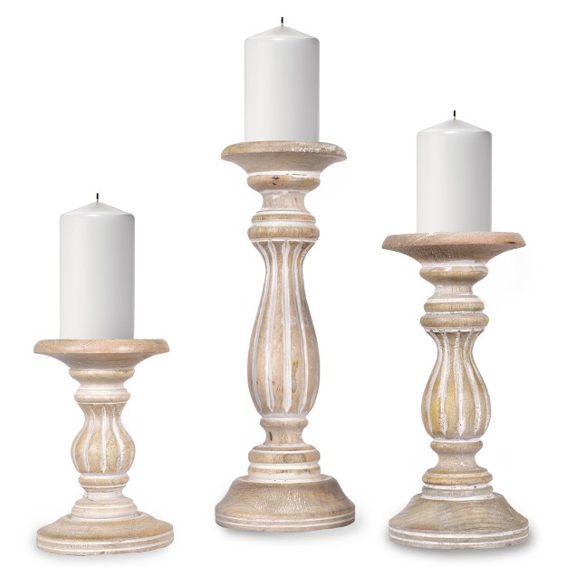 Mela Artisans Wood Candle Holders set Of 3 In White And Natural