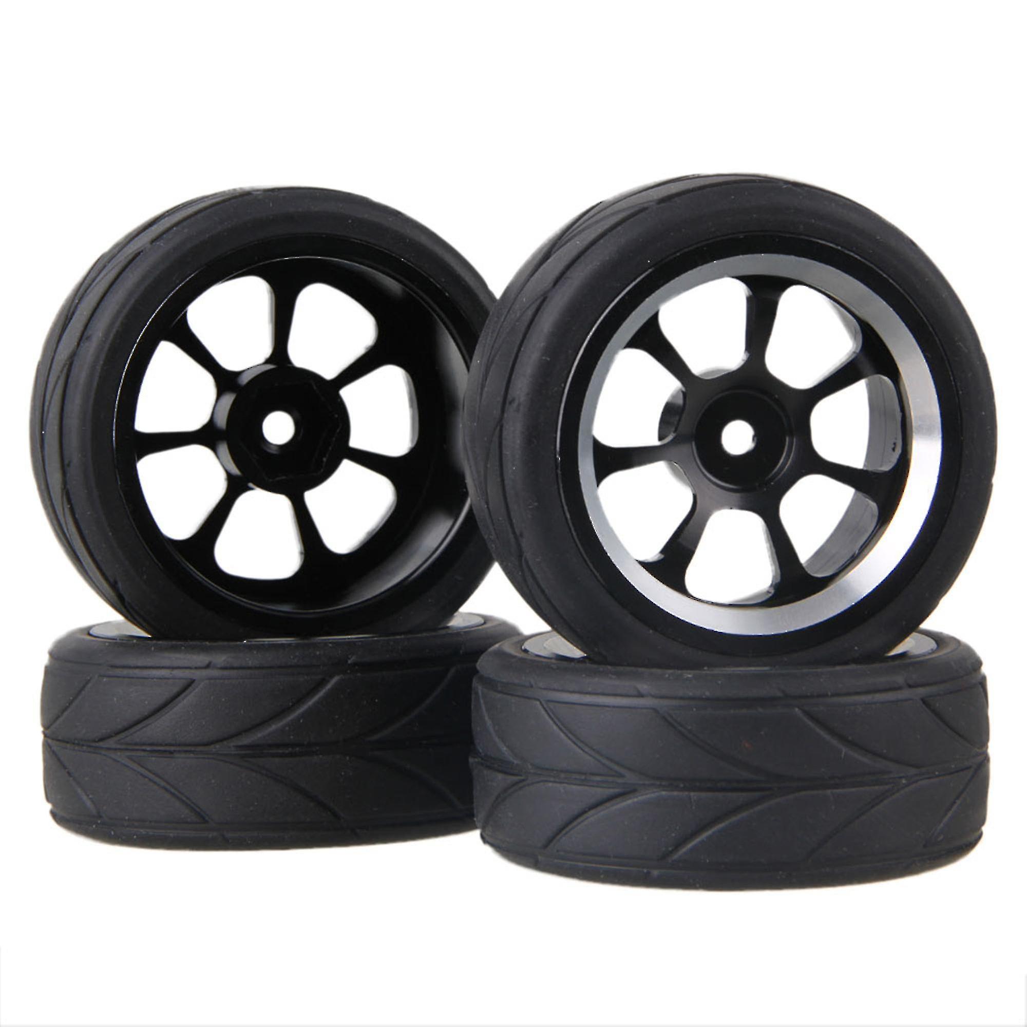 4pcs Black Alloy 7 Spoke Wheel Rim Pattern Rubber Tyre For Rc1:10 Car