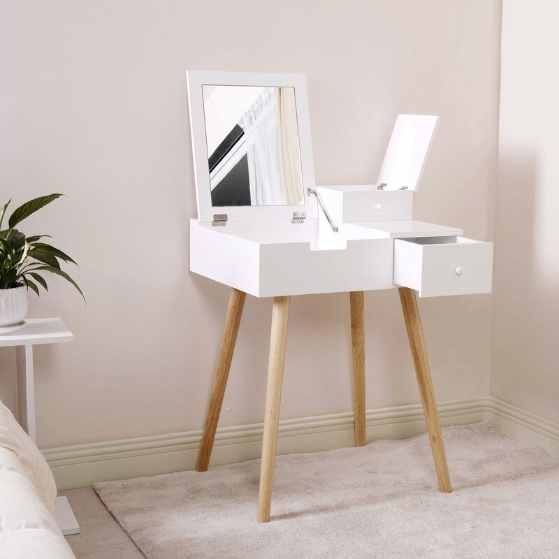 White Dressing Vanity Table with Flip Top Mirror and 2 Drawers