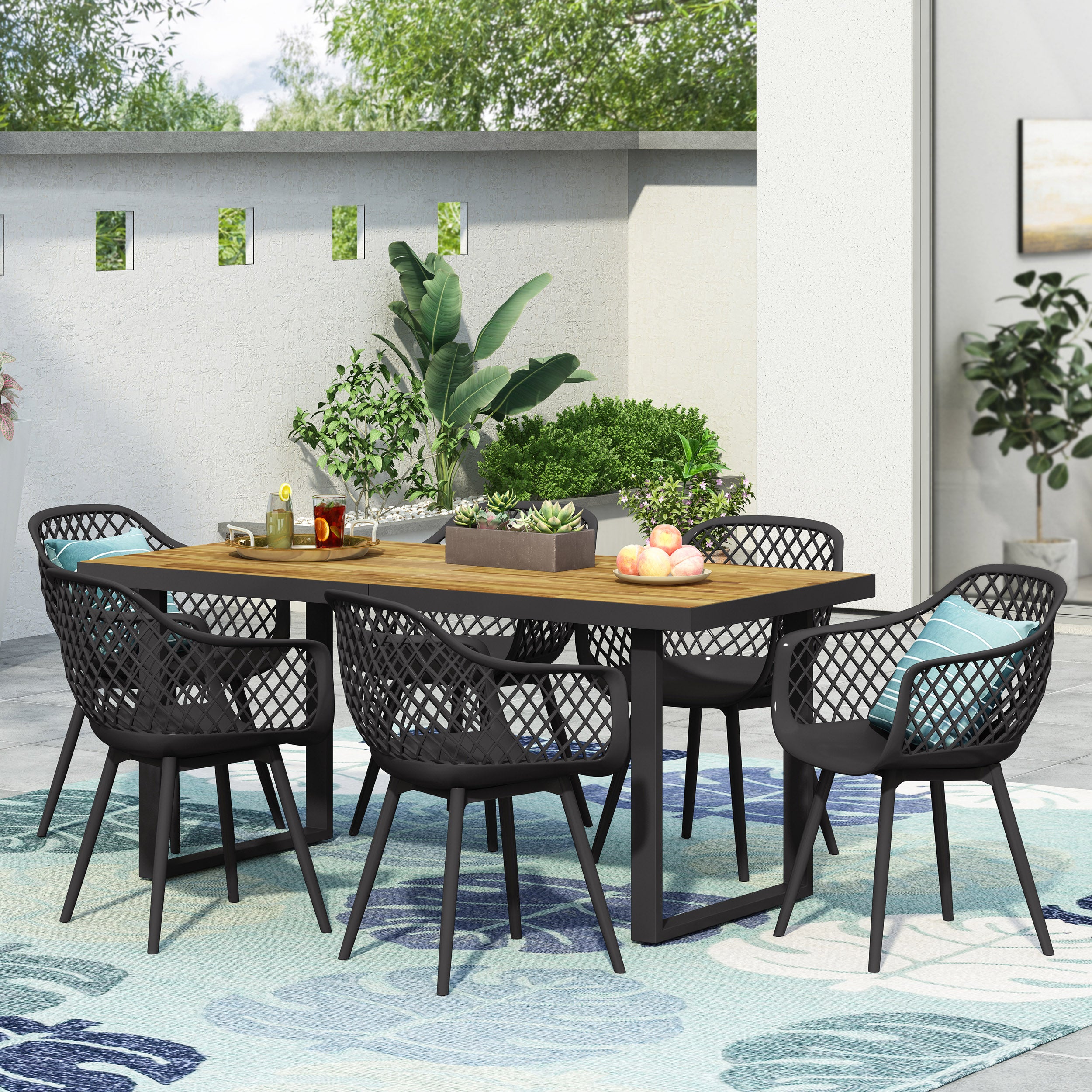 Strada Outdoor Wood and Resin 7 Piece Dining Set, Black and Teak