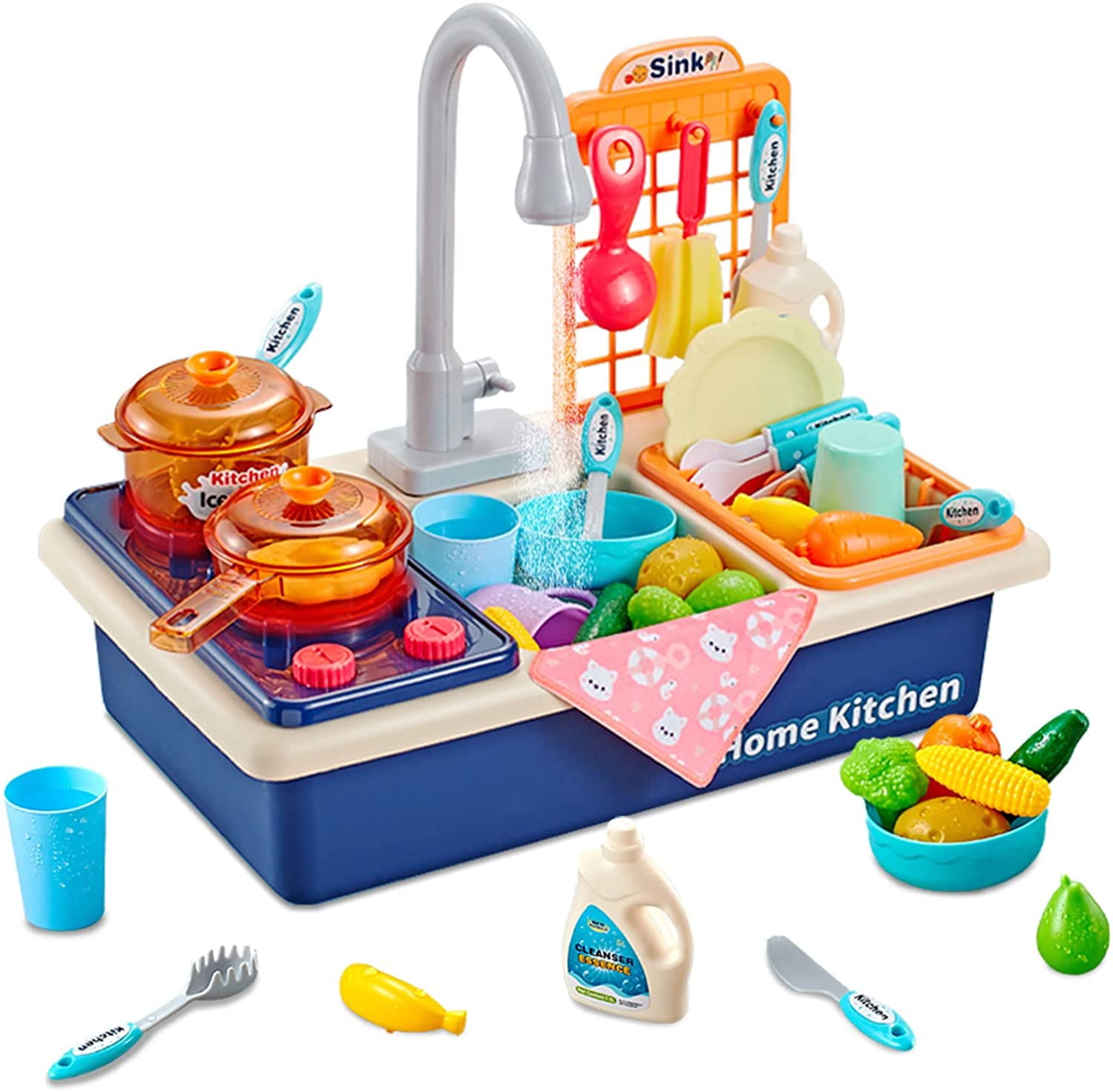 Kitchen Sink Toys Water Playset Cooking Stove Play with Running Water House Wash Up Kitchen Sets with Play Dishes Accessories for Toddlers