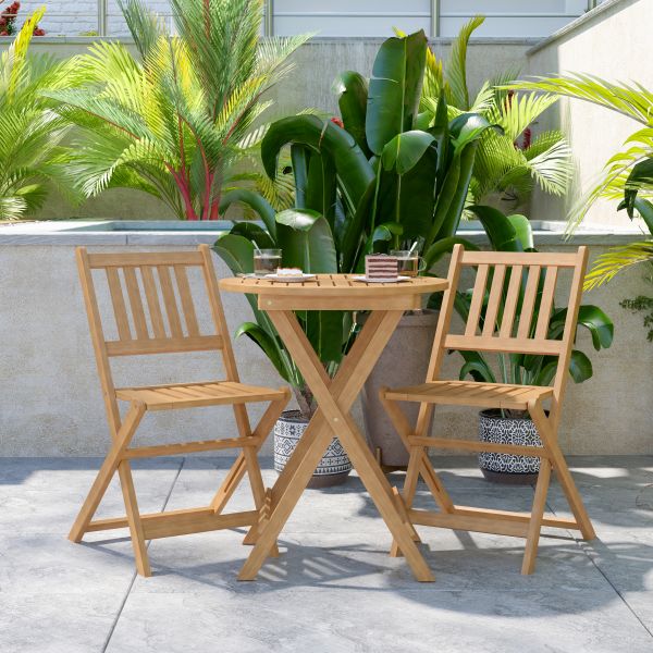 Martindale 3 Piece Folding Patio Bistro Set， Indoor/Outdoor Acacia Round Wood Table and 2 Chair Set with Slatted Design， Natural Finish