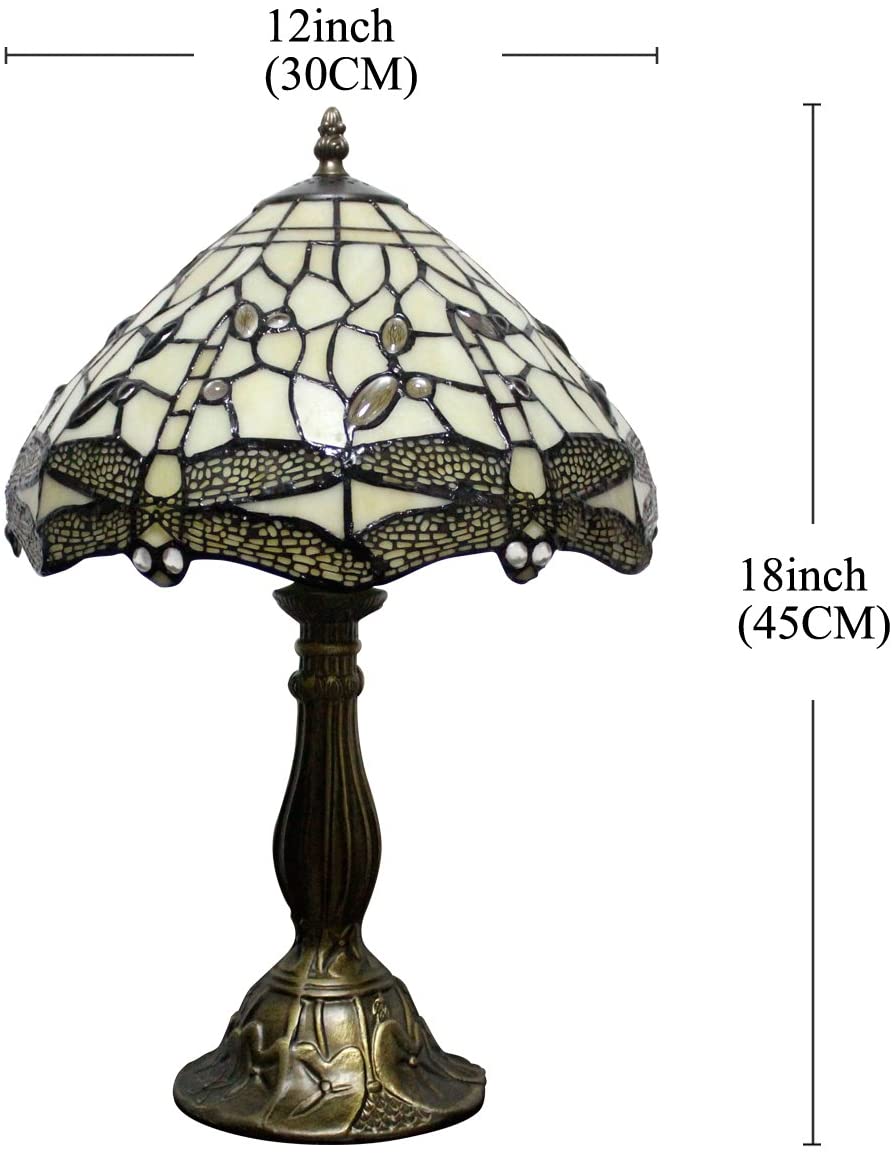 GEDUBIUBOO Tiffany Lamp Cream Stained Glass Dragonfly Bedside Table Lamp Desk Reading Light 12X12X18 Inches Decor Bedroom Living Room  Office S139 Series