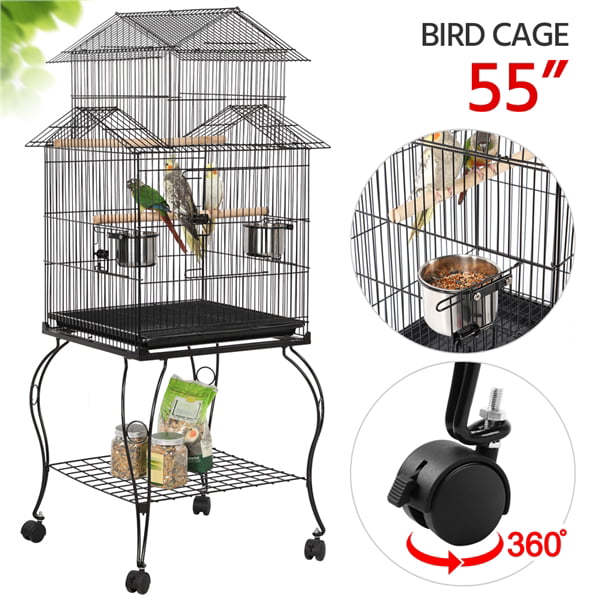 generic Triple Roof Rolling Bird Cage with Stand Perch， Large， Metal， Black