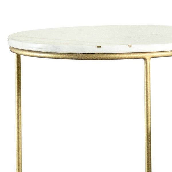 22， 17 Inch Modern 2 Piece Nesting End Table Set， White Marble Top， Gold