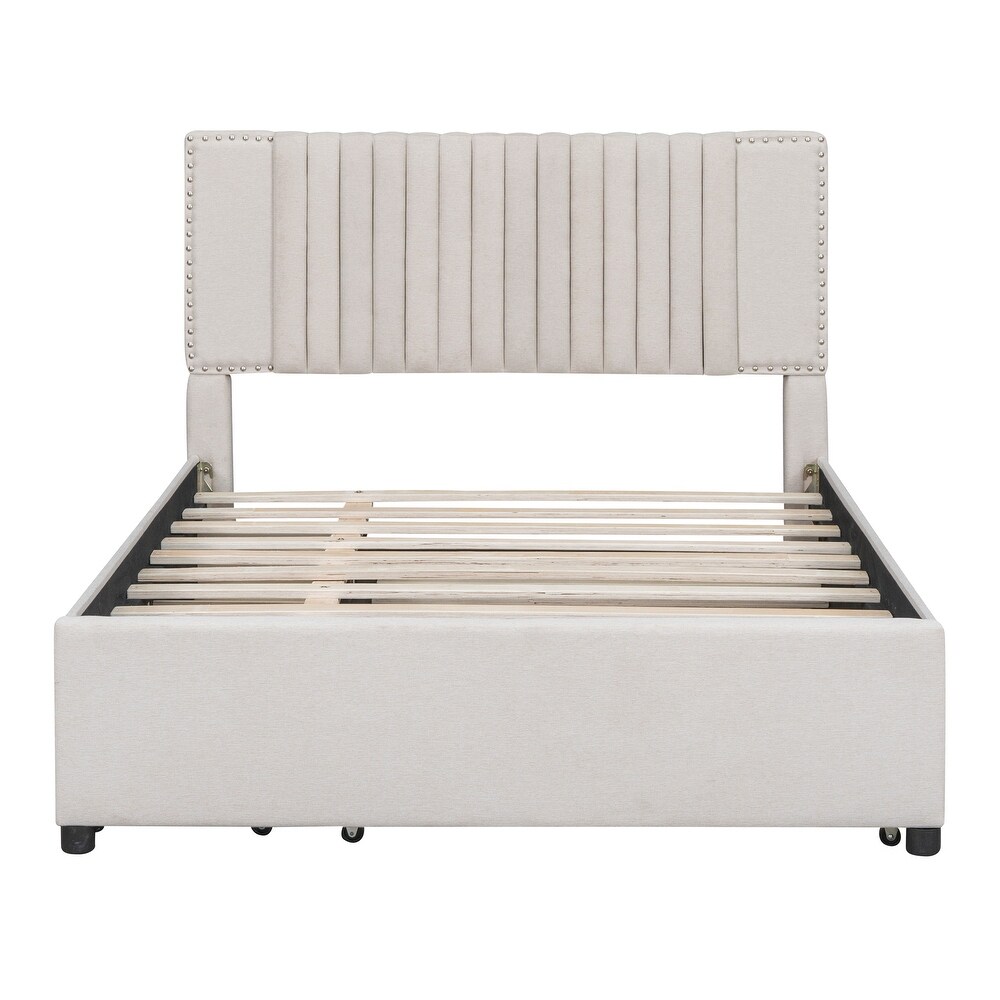 Platform Bed Wood Platform Bed Frame with Twin XL Trundle  Upholstered Bed with Headboard   2 Drawers for Apartment