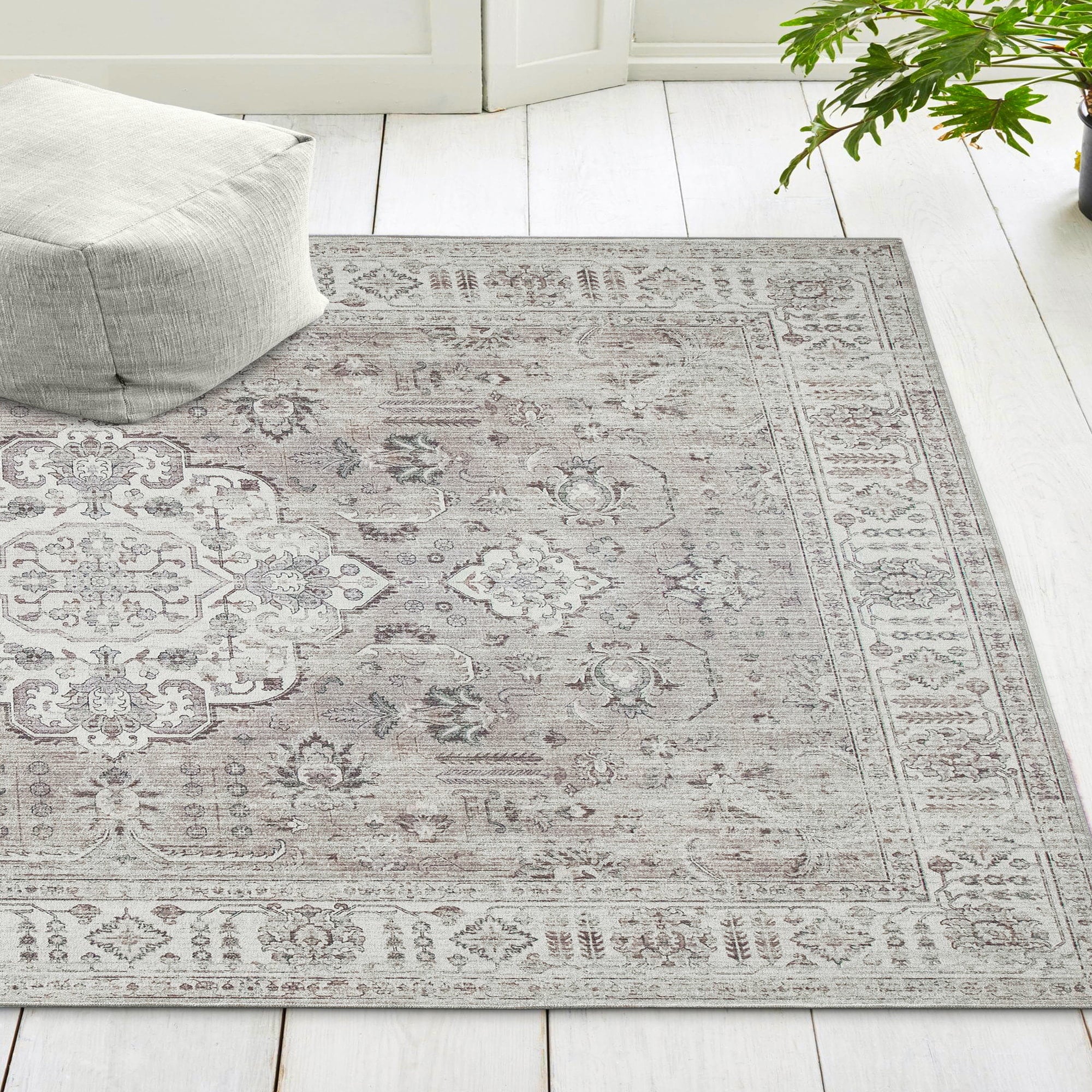 ReaLife Rugs Machine Washable Printed Persian Distressed Medallion Beige Eco-friendly Recycled Fiber Area Runner Rug (7'6