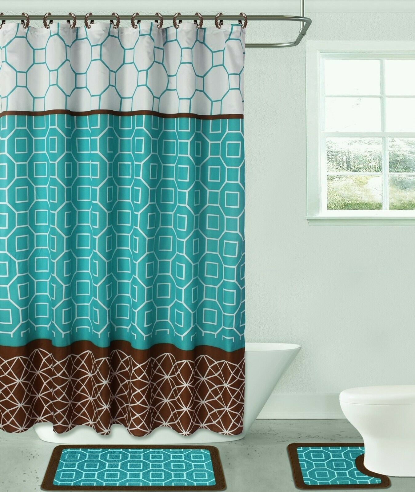 Complete 19 pc Bathroom Set Diamond Brown Teal Washable Rubber Backing Anti Slip Includes 2 Bath Rug/Mat + 1 Shower Curtain + 12 pc Rings Covered + 4 Accesories Ceramic