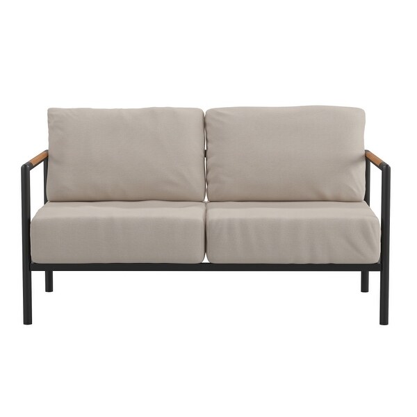 Metal Frame Loveseat with Teak Arm Accents and Plush Cushions