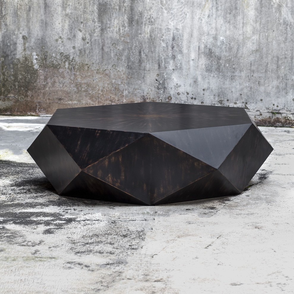 Faceted Large Round Wood Coffee Table  Modern Geometric Block Solid   Contemporary   Coffee Tables   by My Swanky Home  Houzz