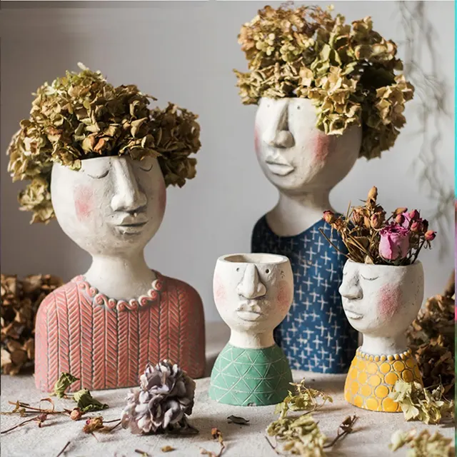 OEM art portrait face head garden supplies flowerpot resin planter human face flower pots unique vase decoration