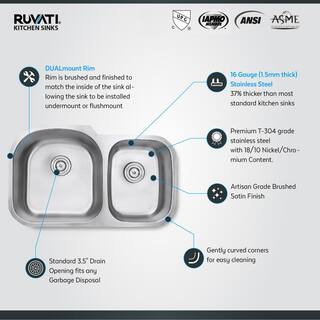 Ruvati 34 in. Double Bowl 6040 Undermount 16-Gauge Stainless Steel Kitchen Sink - Left Configuration RVM4600