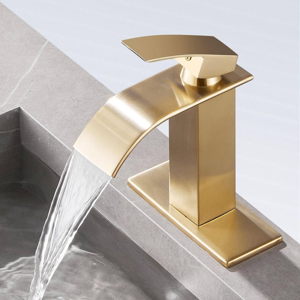 Zalerock Single-Handle Arc Single-Hole Bathroom Faucet with Waterfall in Brushed Gold H02LTTM054D