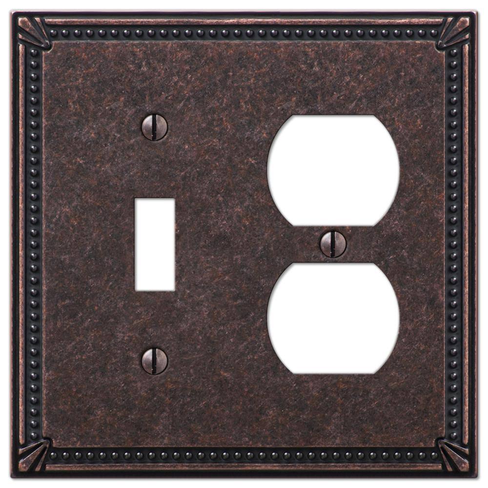 AMERELLE Imperial Bead 2 Gang 1-Toggle and 1-Duplex Metal Wall Plate - Tumbled Aged Bronze 74TDAZ