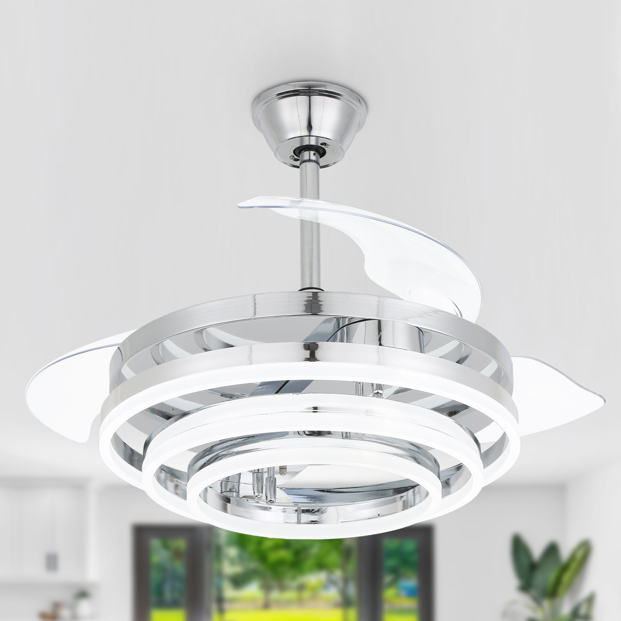 Oaks Aura 42 Inch Retractable Dimmable LED Ceiling Fan Light Remote 3-Color 6-Speed Chandelier