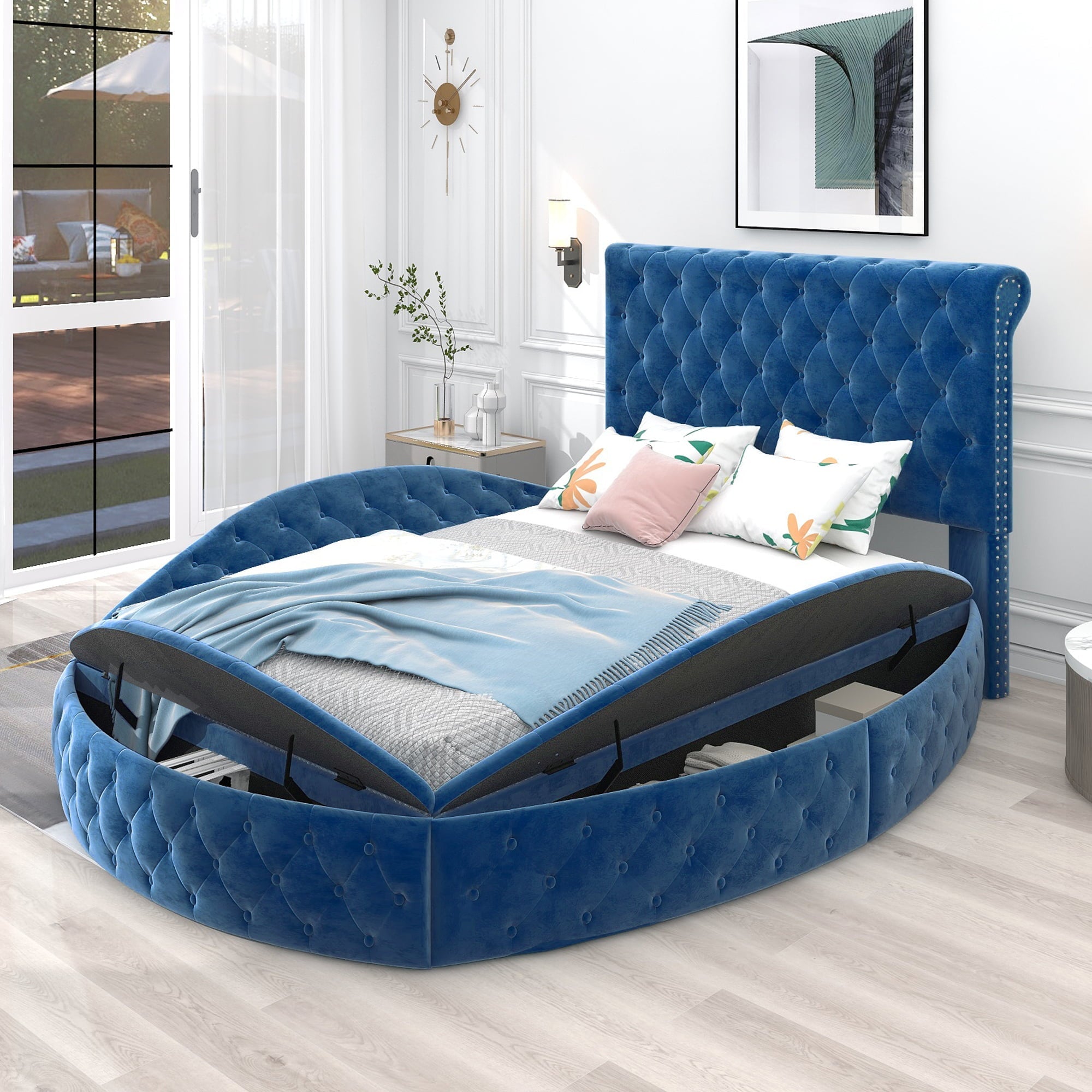 Full Round Upholstery Kids Platform Bed with Storage on Both Sides , Blue