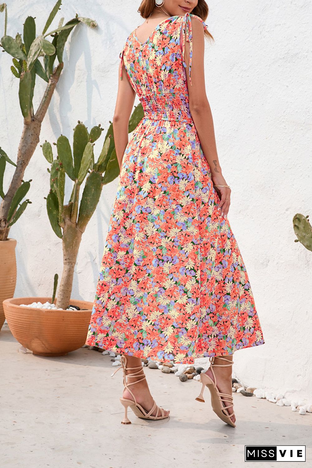 V Neck Floral Print Elastic Waist Dress