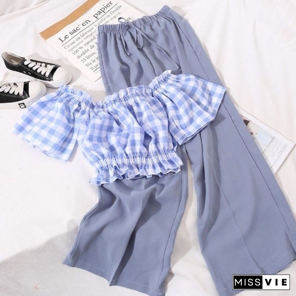 Women Sets Crop Tops Slash Plaid Off Shoulder Sexy Loose High Waist Wide Leg Pants Kawaii Two Piece Casual Summer Ulzzang New