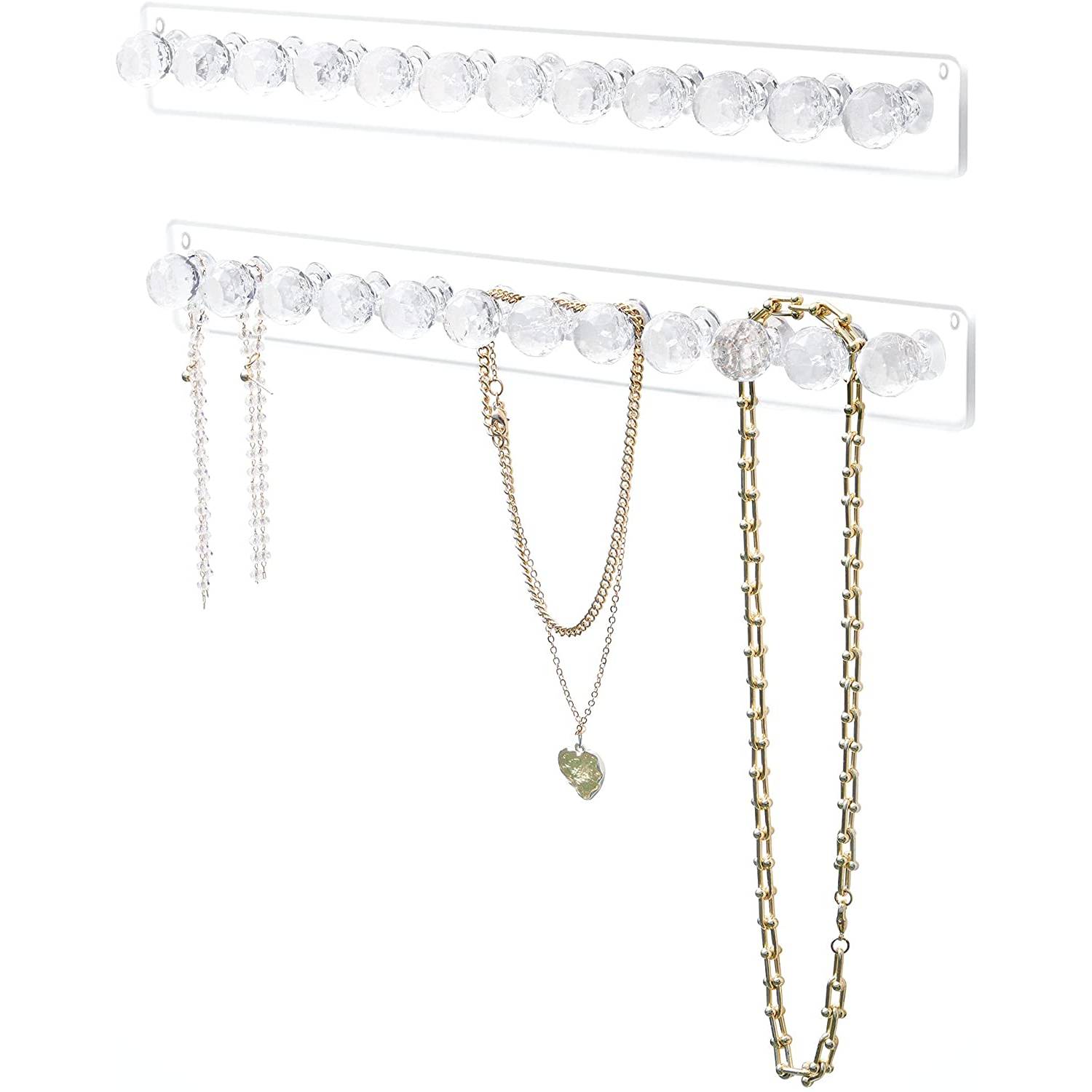 Necklace Holder, Acrylic Necklace Hanger, Wall Mount Necklace Organizer, Jewelry Hooks for Necklaces, Bracelets, Chains (2-pack Clear)