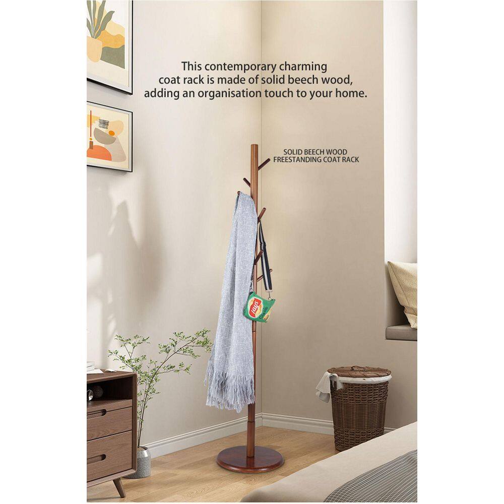 Aoibox 68.1 in. H Brown Entryway 8-Hooks Freestanding Beech Coat Rack Stand Hall Tree 3-Adjustable Height HDDB965