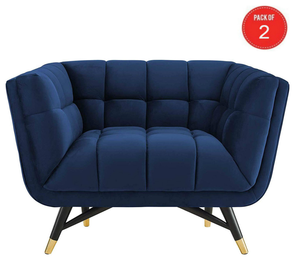 Velvet Fabric Tufted Sofa  Accent Bench  2 Lounge Chairs  Midnight Blue   Midcentury   Living Room Furniture Sets   by VirVentures  Houzz