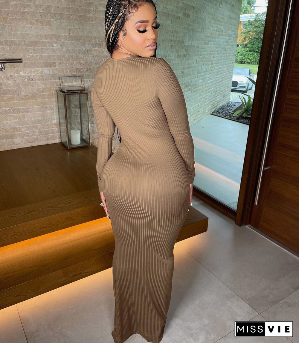 Solid V Neck Long Sleeves Bodycon Knitted Dress