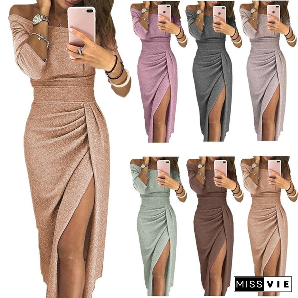 Women Off Shoulder Party Dresses High Slit Bodycon Dress Long Sleeve Fashion Prom Dress Skirt Plus Size Xs-8Xl