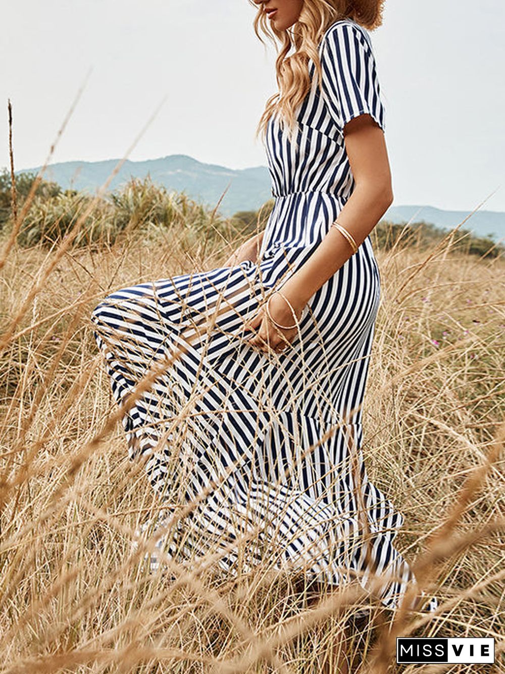 Women's Short Sleeve V-neck Striped Printed Maxi Dress