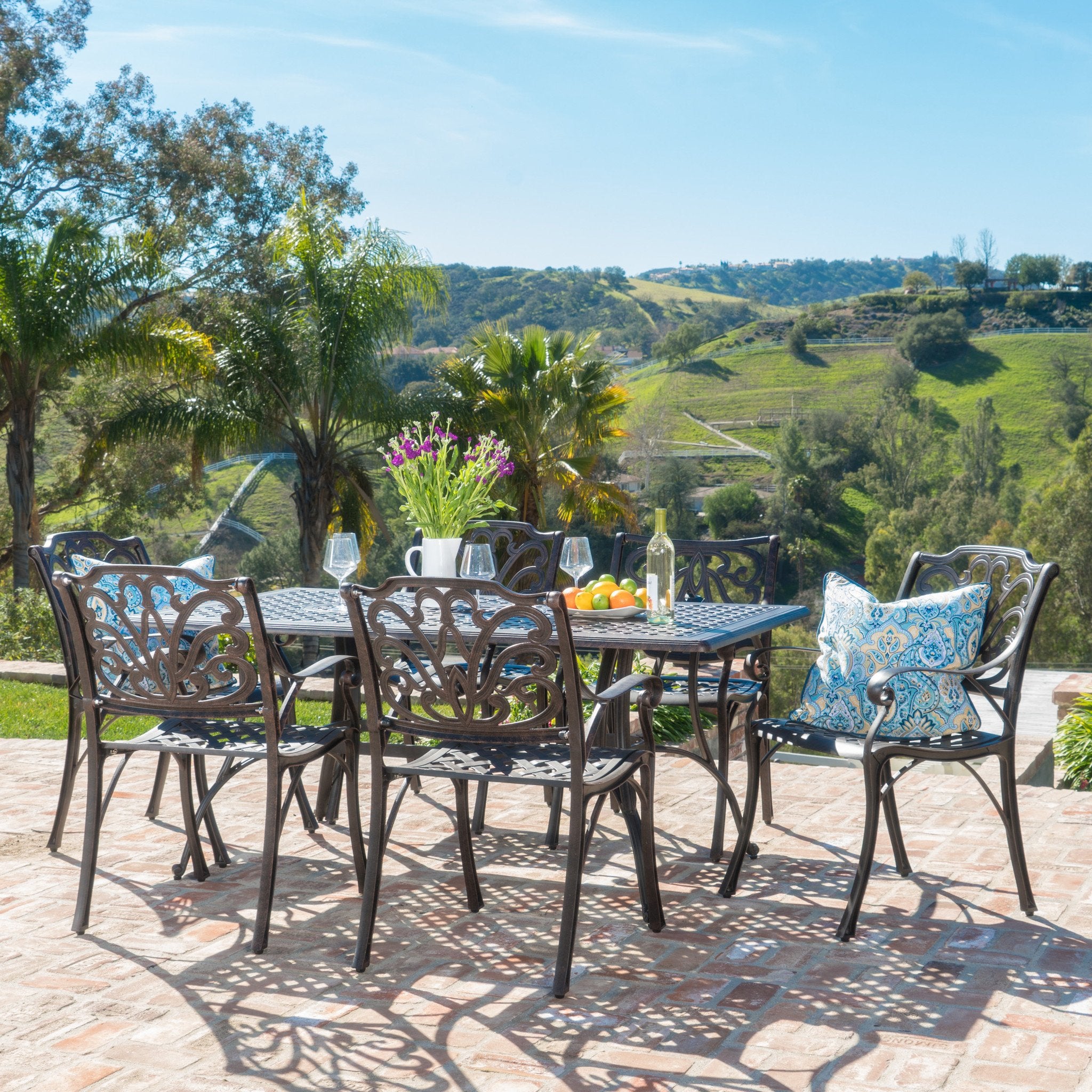 Fonzo Outdoor 7 Piece Bronze Cast Aluminum Rectangular Dining Set