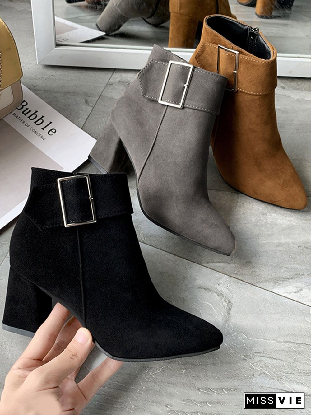 Chunky Heel Buckle Pointed-Toe Suede Martin Boots