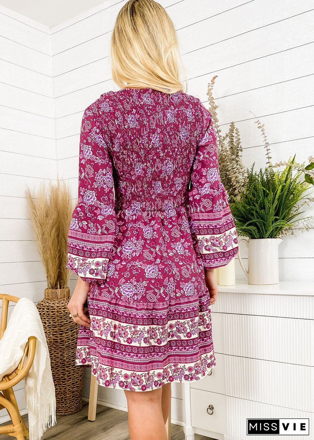 V Neck Bohemian Print Dress